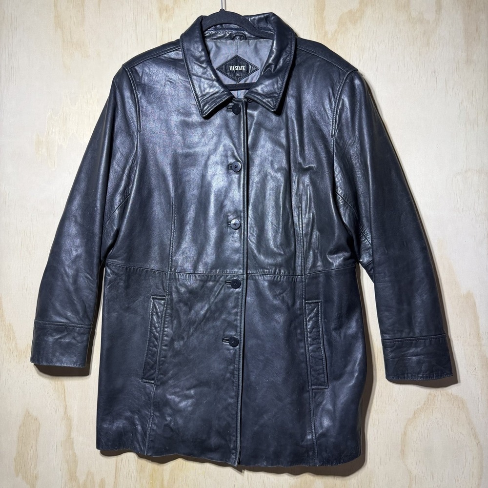 III State Leather Jacket Womens XL Black Button Coat Mid Length Classic